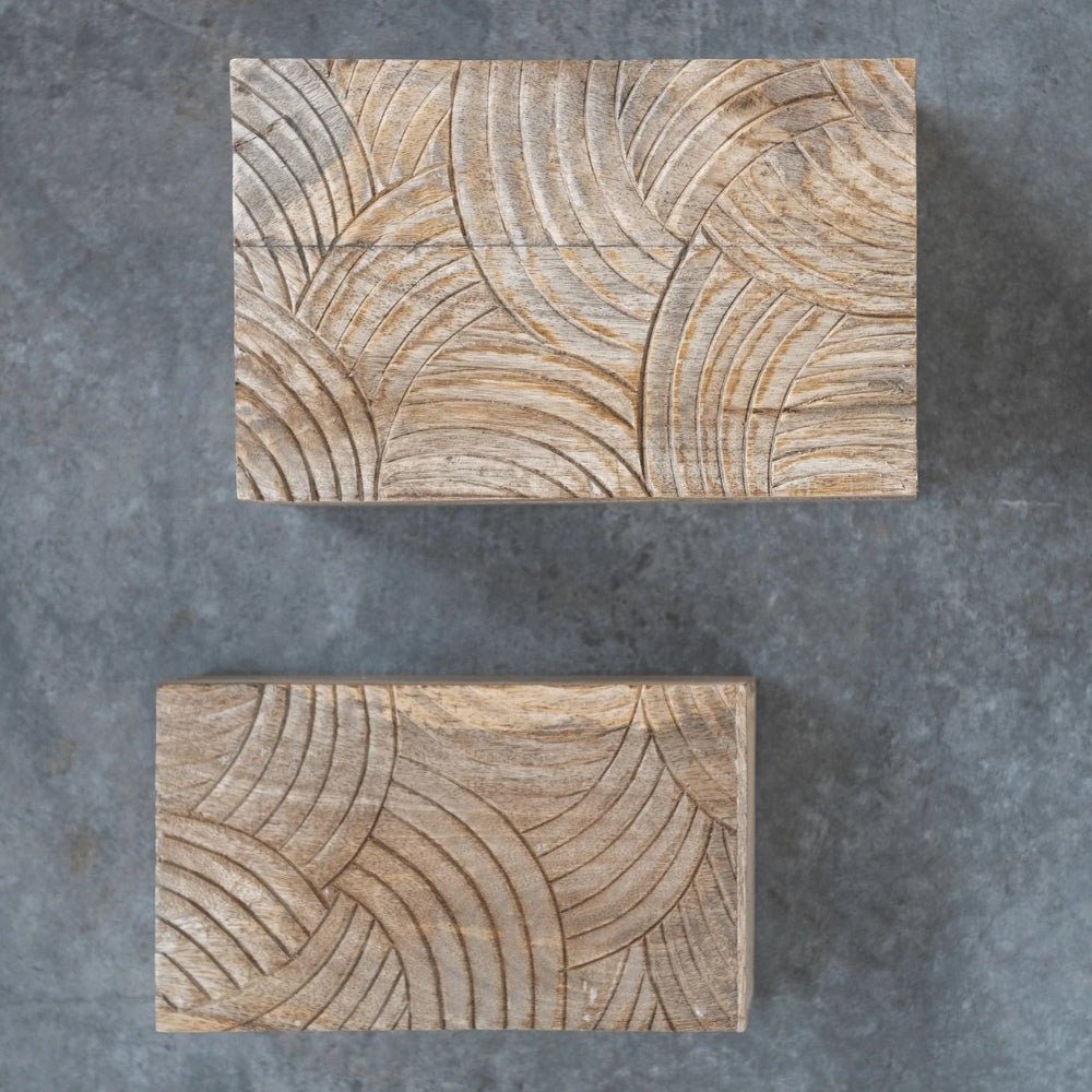 Hand-Carved Mango Wood Artisan Storage Boxes, Set of 2
