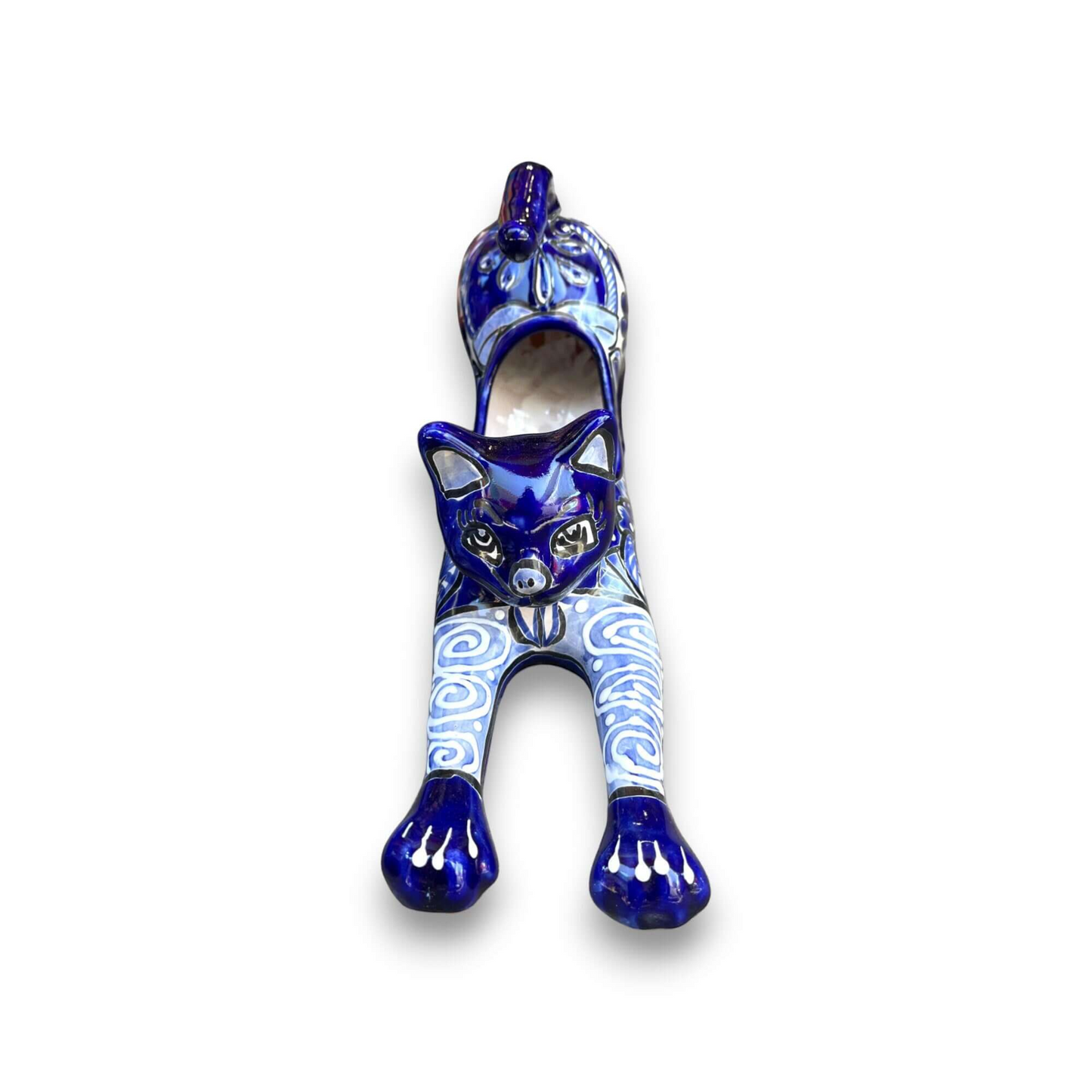 Blue Talavera Stretching Cat Planter | Mexican Folk Art Decor