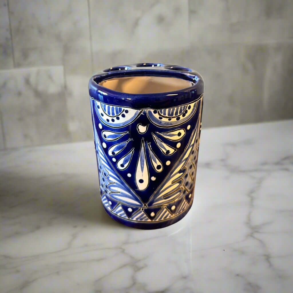 Hand-Painted Talavera Toothbrush Holder | Blue & White Ceramic