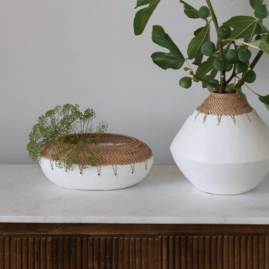 The Benton Terracotta Artisan Planter with Hand-Woven Rattan Stitching - EXCLUSIVE