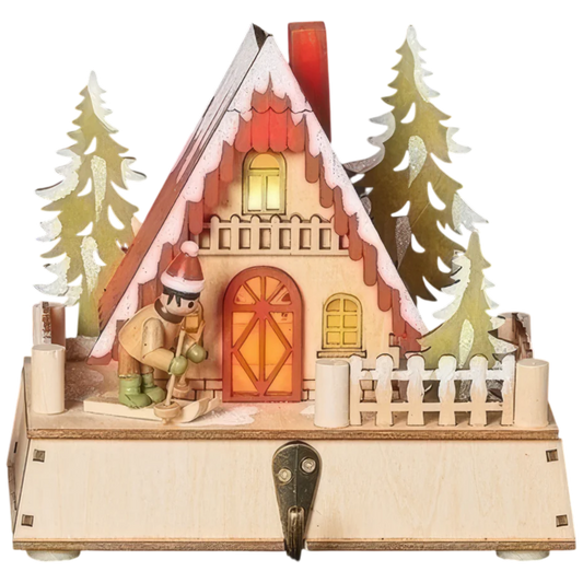 Lighted Ski Cabin Wooden Stocking Holder