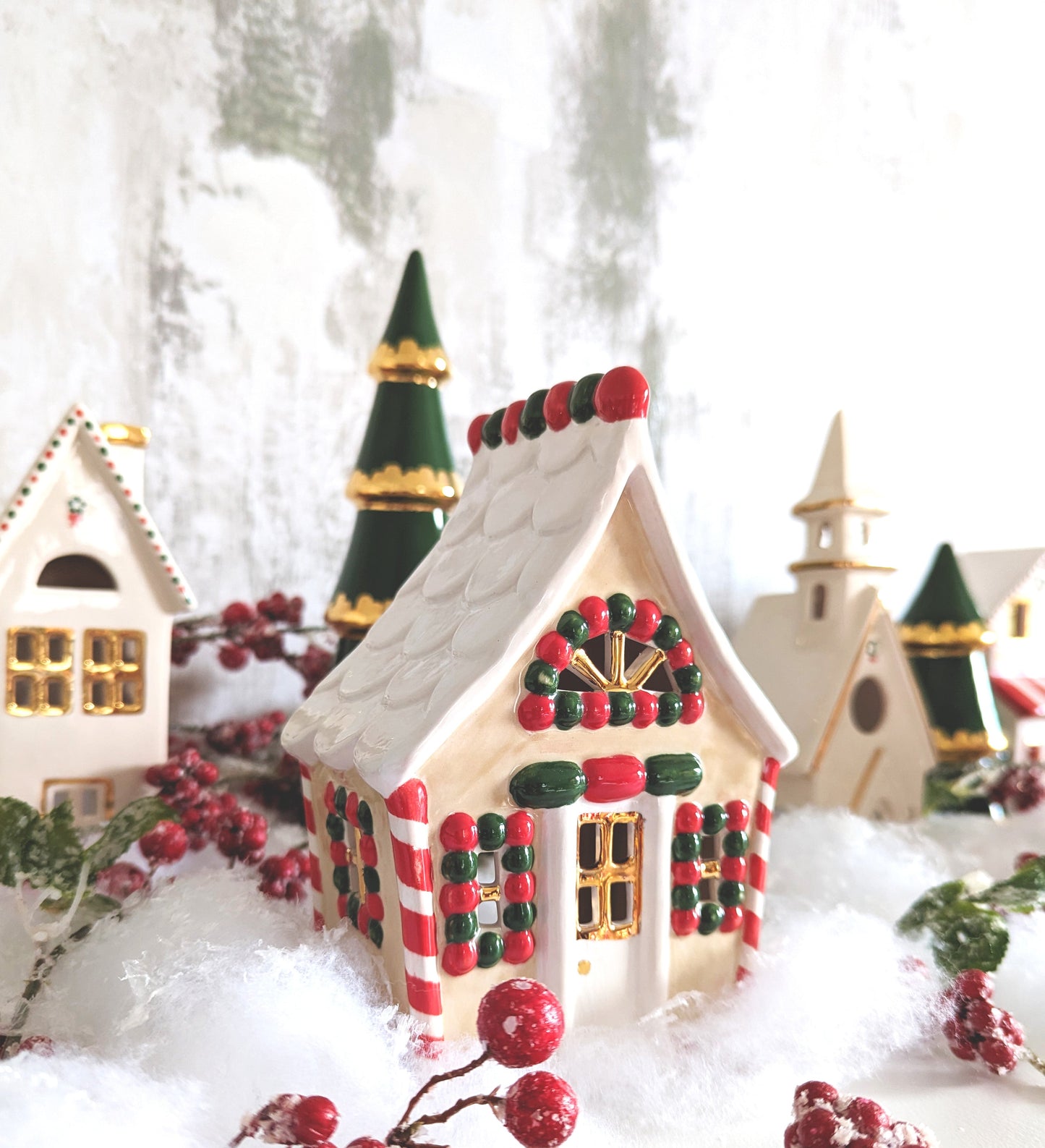 Holiday Green Tiered Christmas Trees with 22K Gold Brushstroke Accent