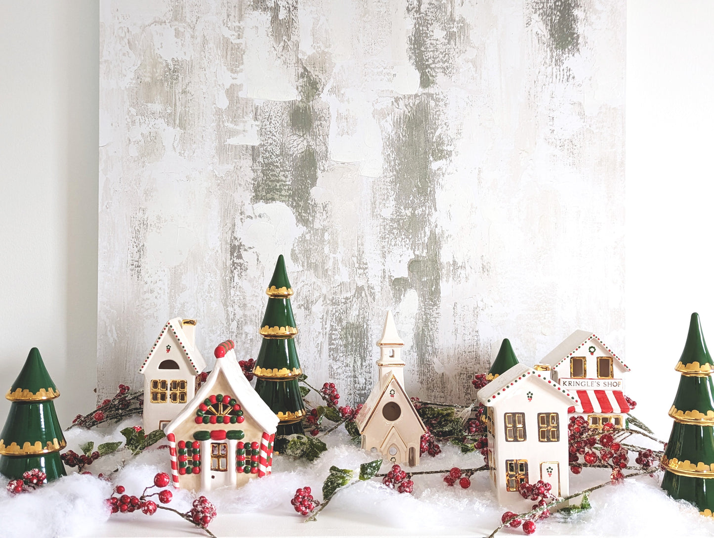 Holiday Green Tiered Christmas Trees with 22K Gold Brushstroke Accent