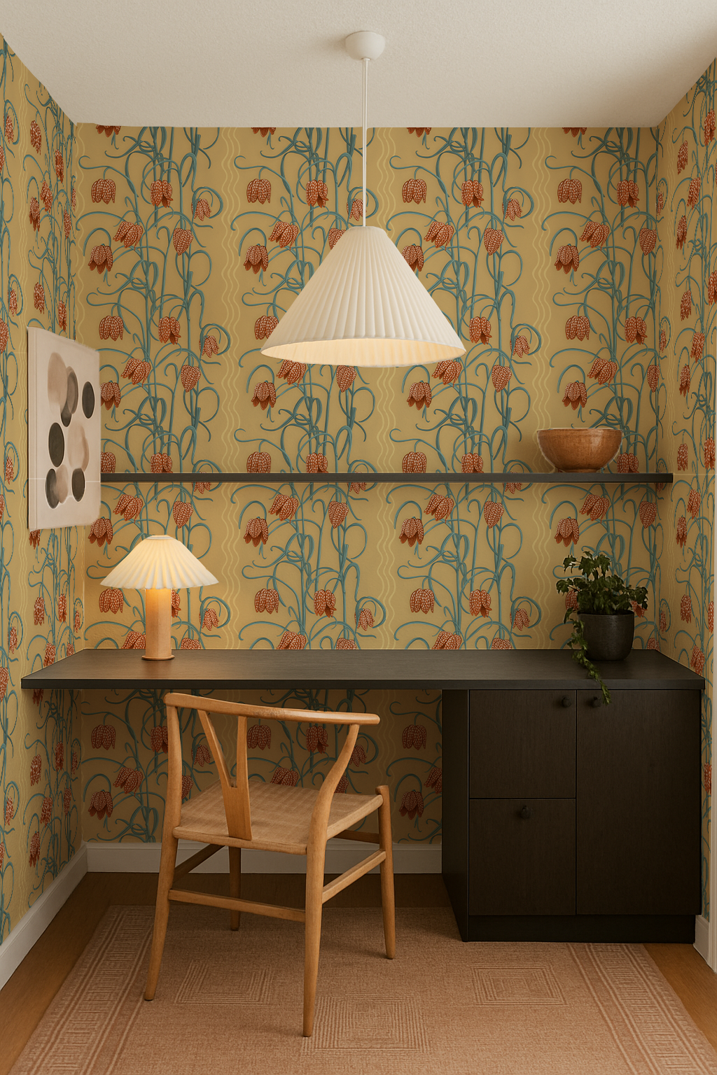 Campanas Wallpaper, butter yellow and slate blue