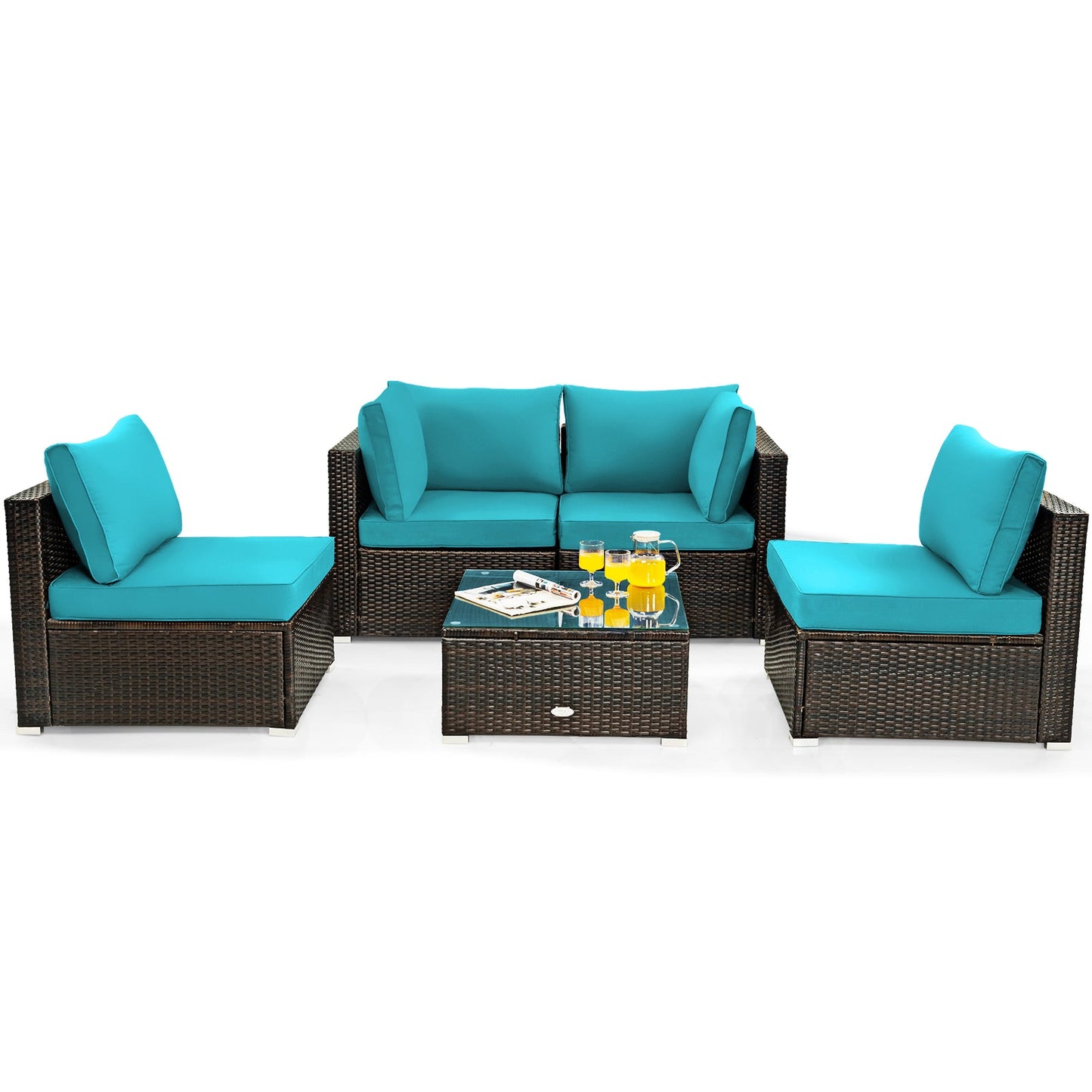 5 Pieces Cushioned Patio Rattan Furniture Set with Glass Table