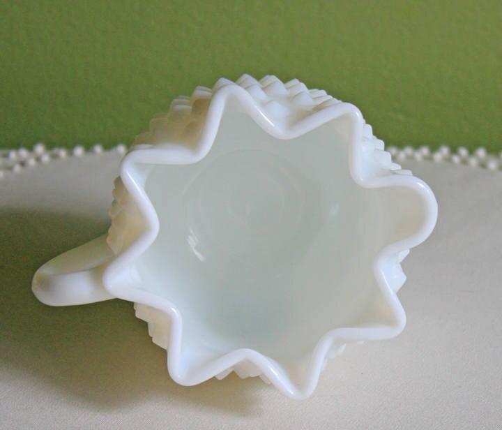 Vintage Milk Glass Creamer, Quilt Pattern Scalloped Edge