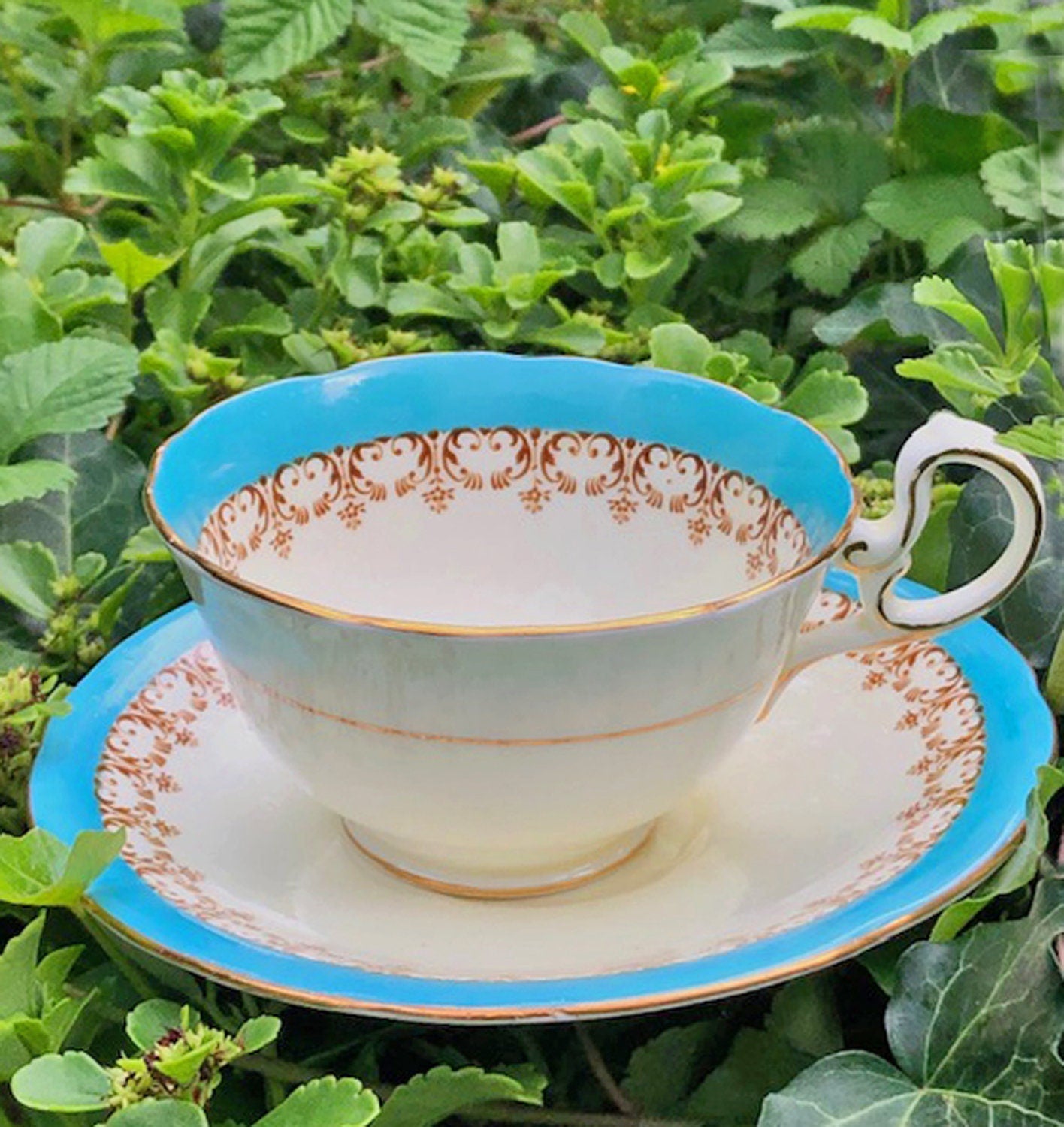 Antique Aynsley English Bone China Tea Cup & Saucer - Turquoise Floral, Cabbage Rose Pattern