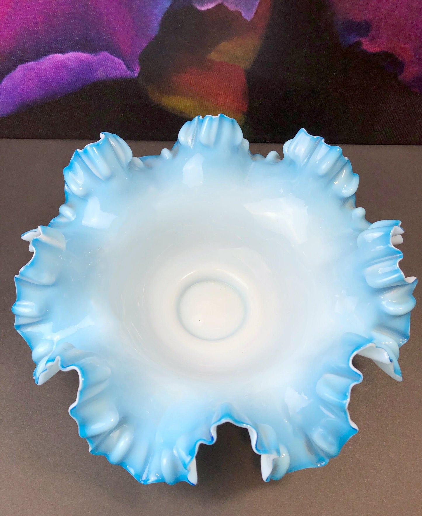 Large Vintage Fenton Blue Opalescent Glass Bowl, Ruffled Rim
