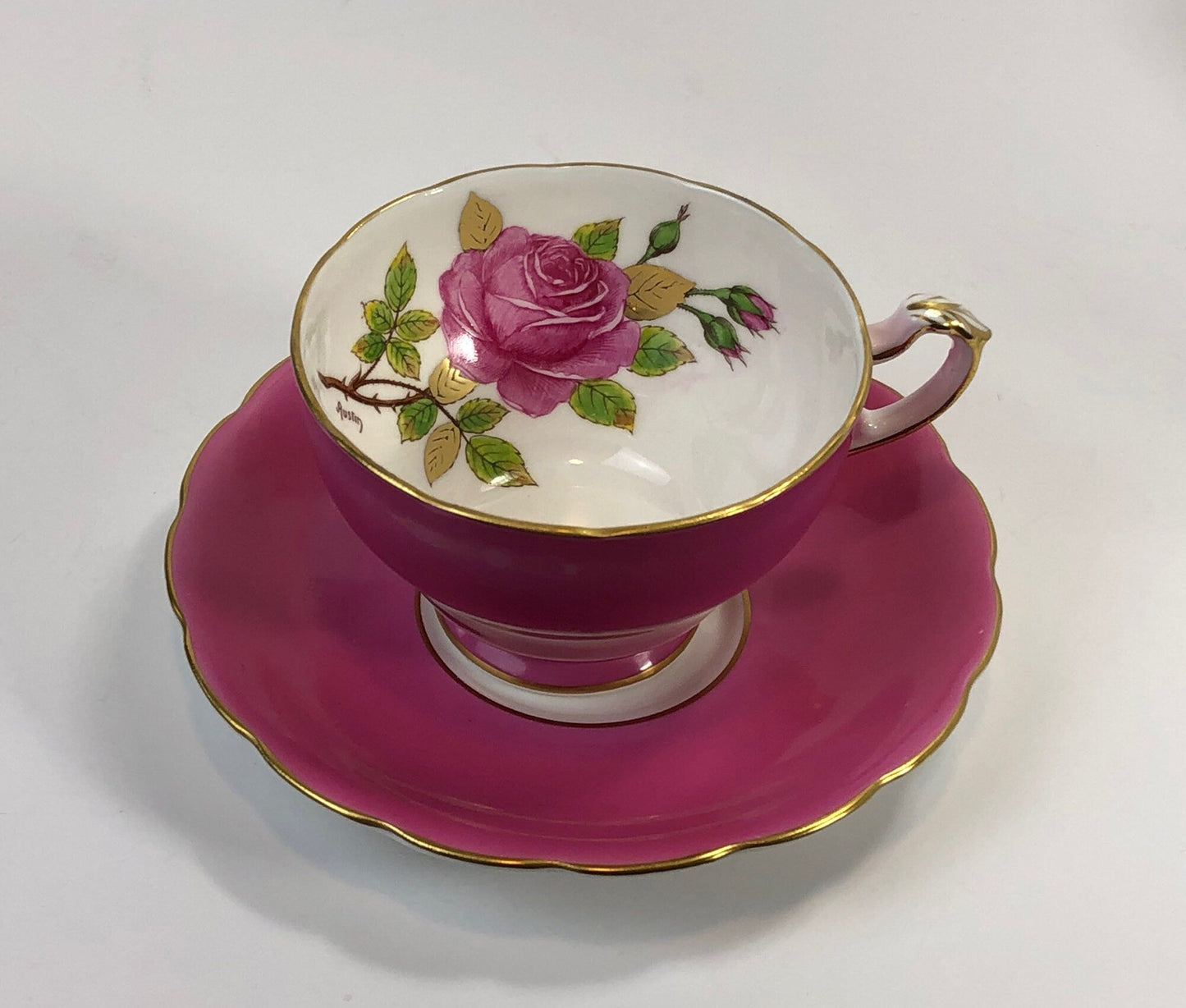 Vintage Cup and Saucer by Staffordshire, England. Hand Painted Tea Set Signed by Artist.