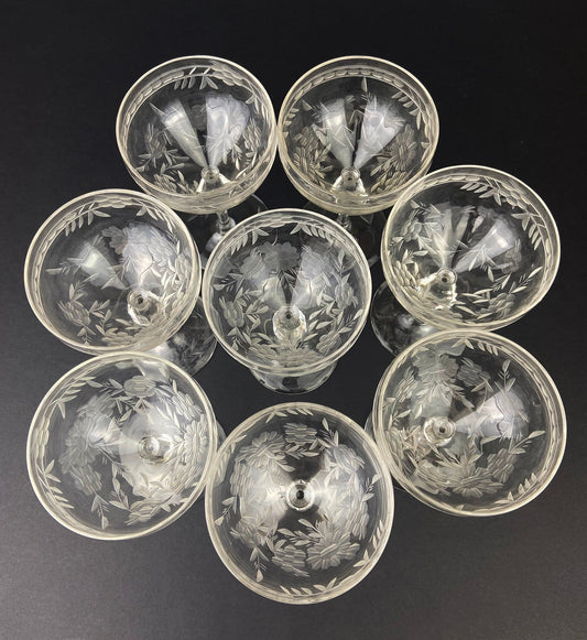 Vintage Cut Crystal Champagne Glasses, Fine Stemware, Daisy Motif, Set of 9
