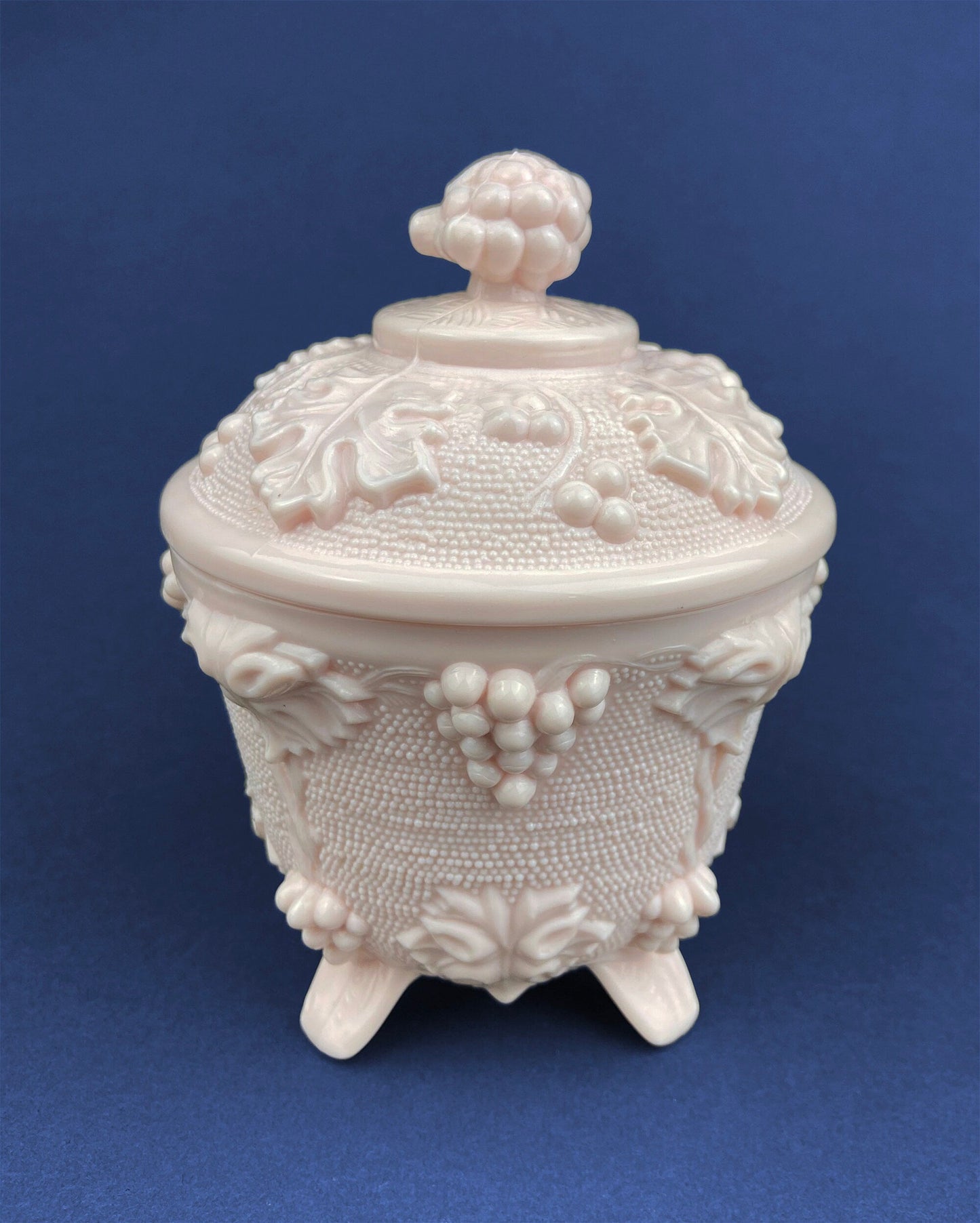 Pink Milk Glass Candy Dish with Lid, Grape Vine Motif