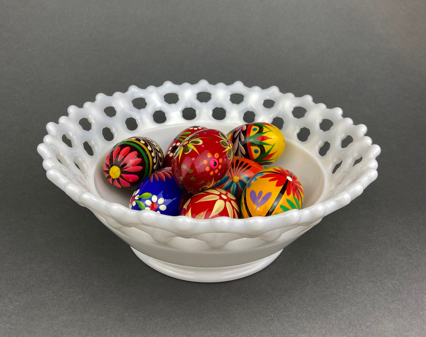Vintage Milk Glass Footed Candy Bowl, Grape Motif, Ruffled Rim