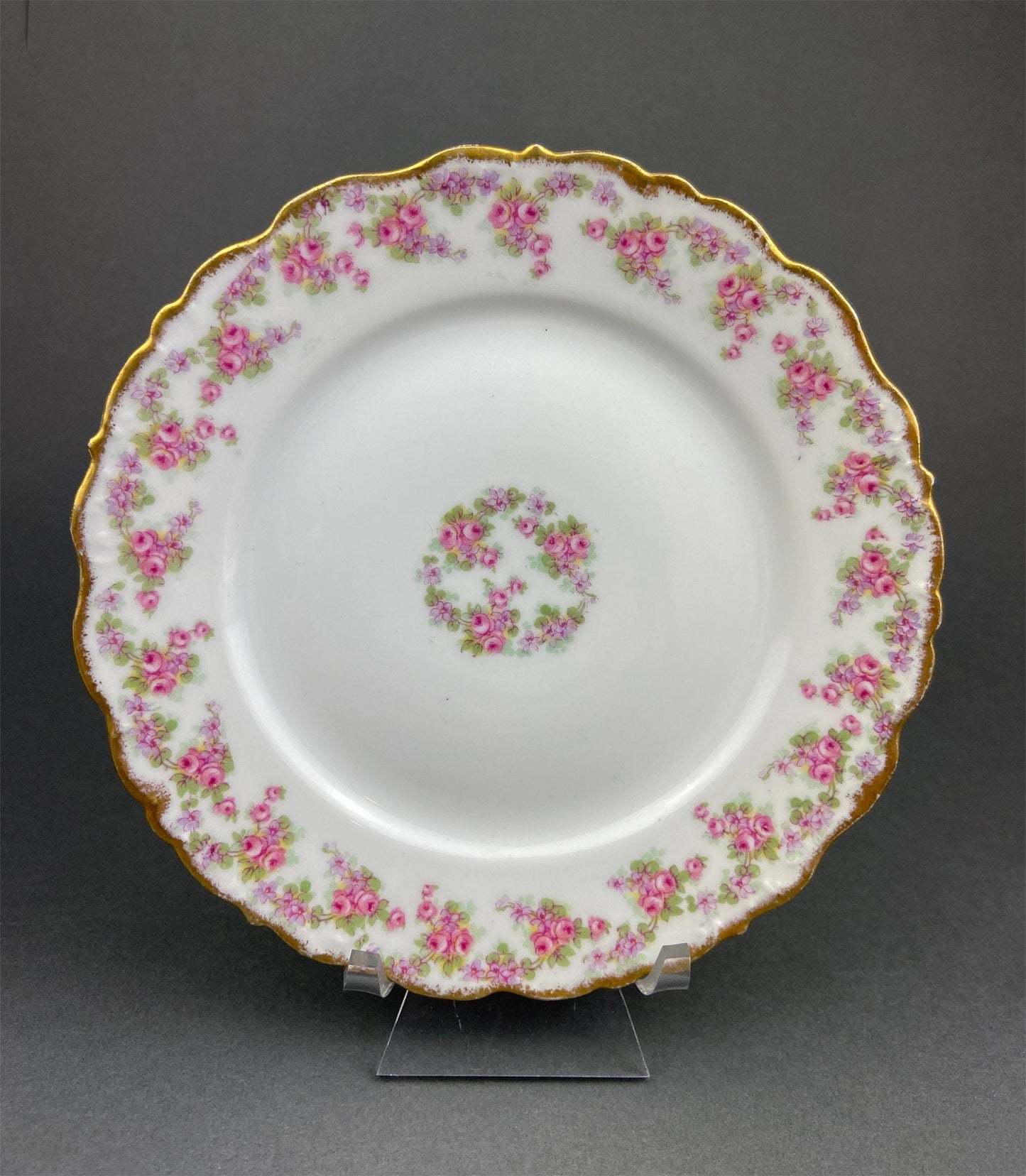 Berry Bowls by Limoges Elite. Set of Eight Berry Bowls. 5 inch Serving Bowls with Pink Roses & Scalloped Rim.