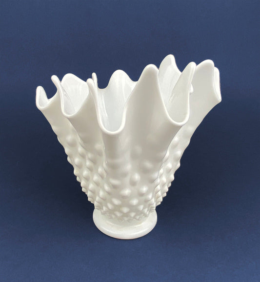 Vintage Milk Glass Splash Vase. Hobnail Vase  with Pinched Edge for Growing Ivy.  Wedding or Home Decor.