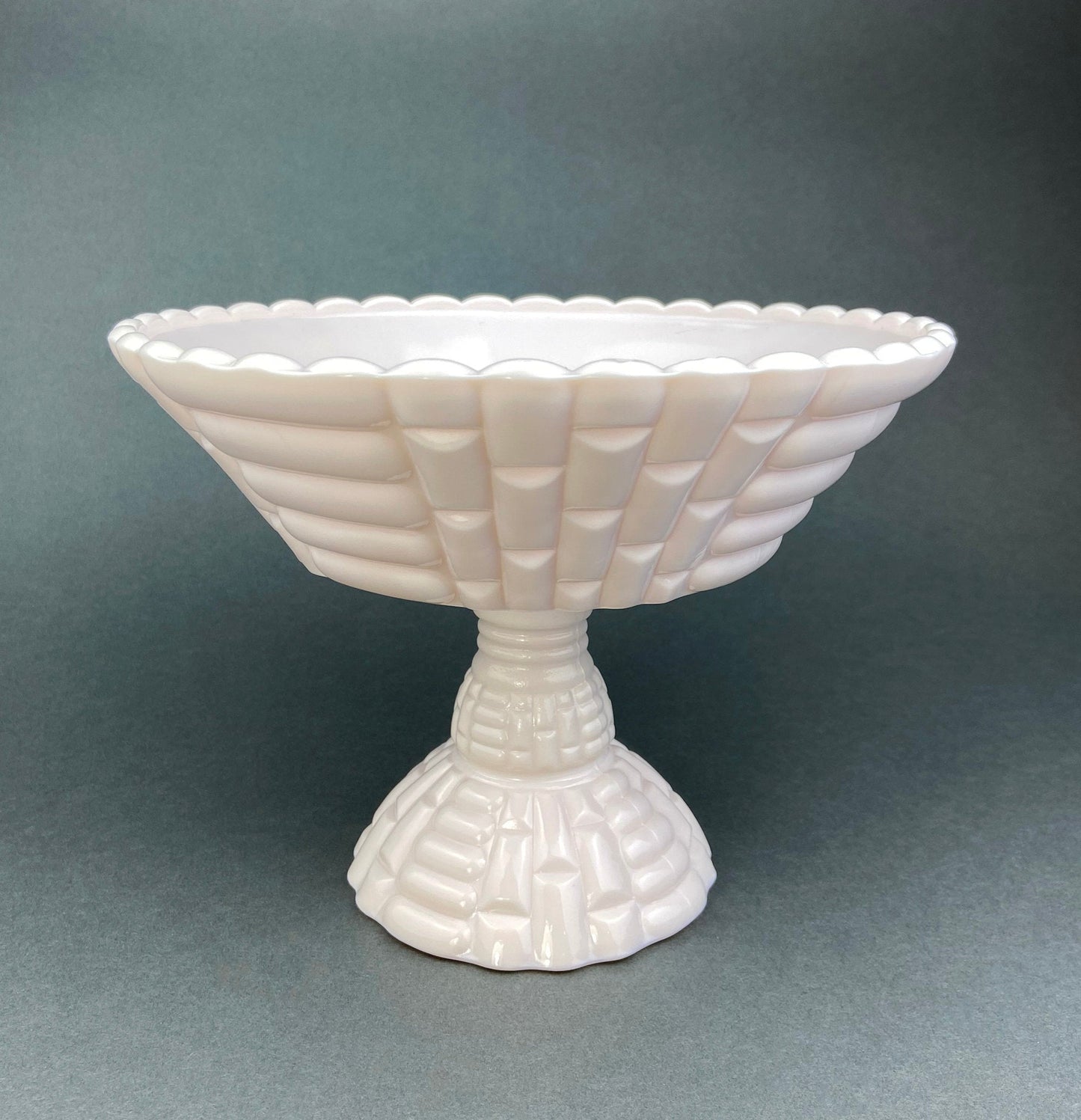 Pink Milk Glass Footed Fruit Bowl. Modern Quilt Pattern on the Outside of a Bowl. Floral Design Inside a Bowl.