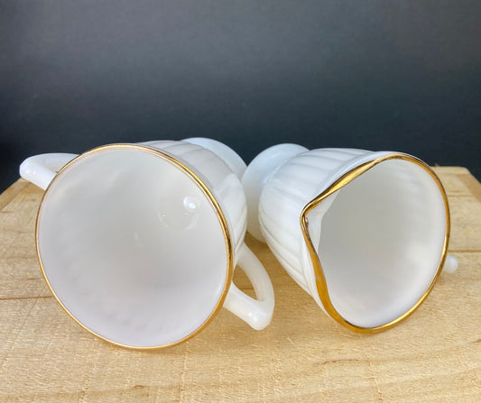 Monax Petalware Opalescent Creamer and Sugar Bowl. White with Gold Brim Depression Glass Creamer and Sugar Bowl.