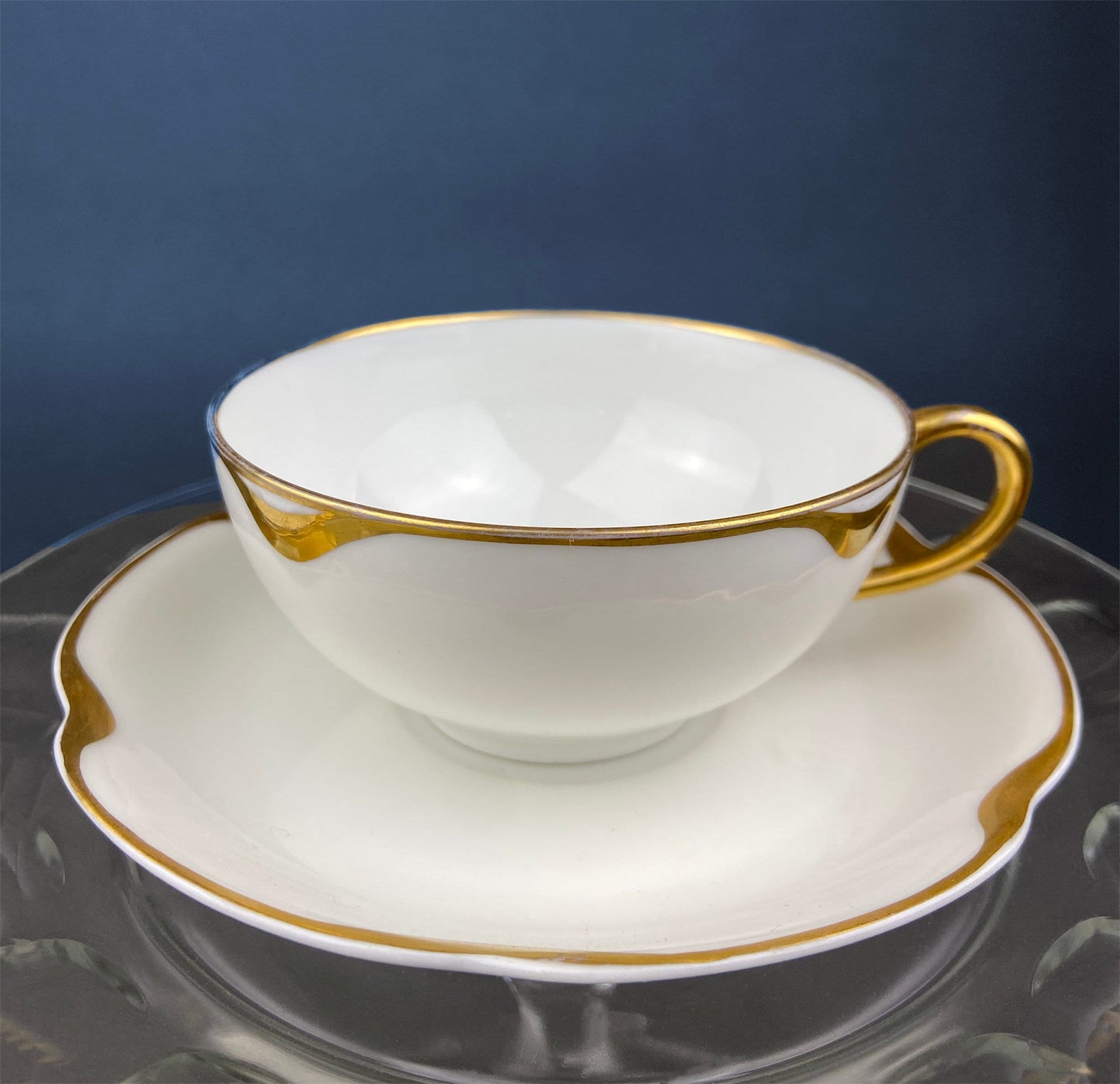 Limoges Haviland Teacup and Saucer, Gold Scalloped Rim, Silver Anniversary Pattern