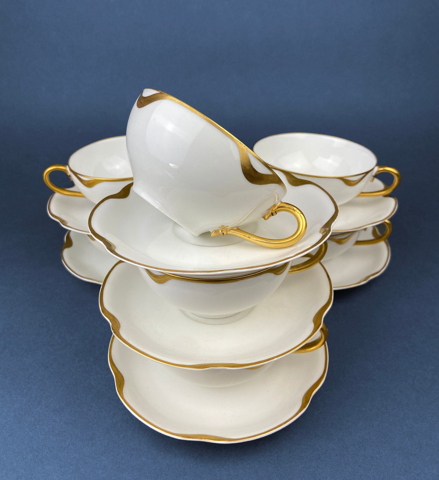 Limoges Haviland Teacup and Saucer, Gold Scalloped Rim, Silver Anniversary Pattern