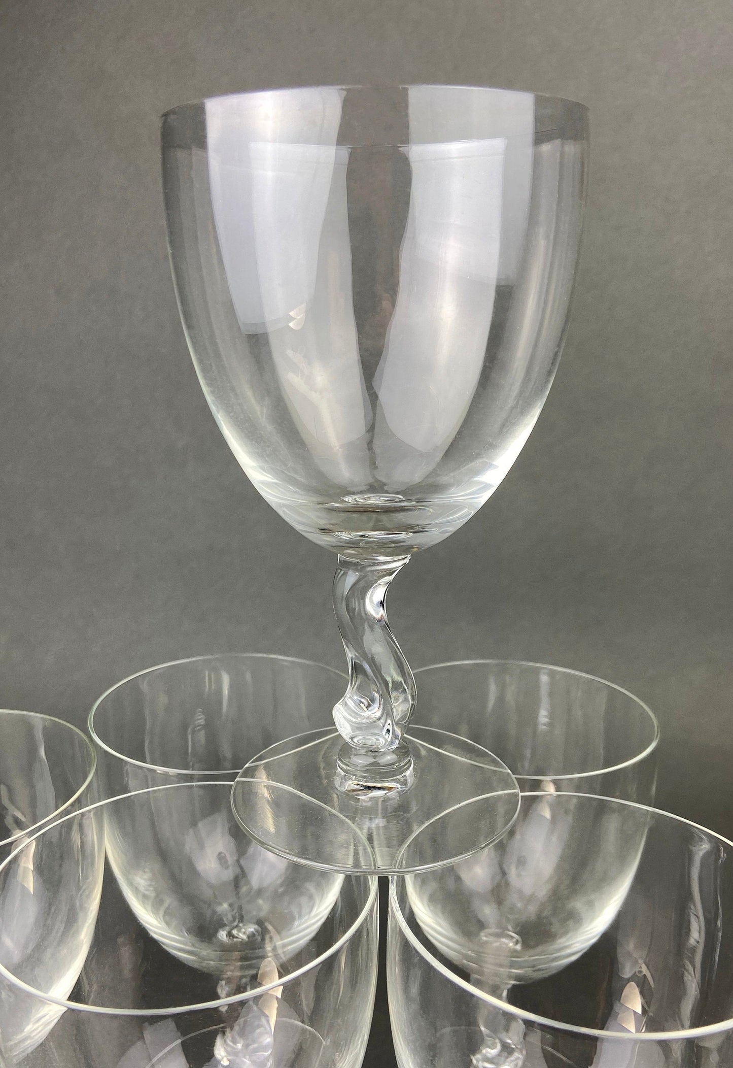 Fostoria Contour Clear Crystal Goblets with S-Shaped Stem. Set of Seven Water or Juice Stemware.  Luxurious Barware. Gift for Him.
