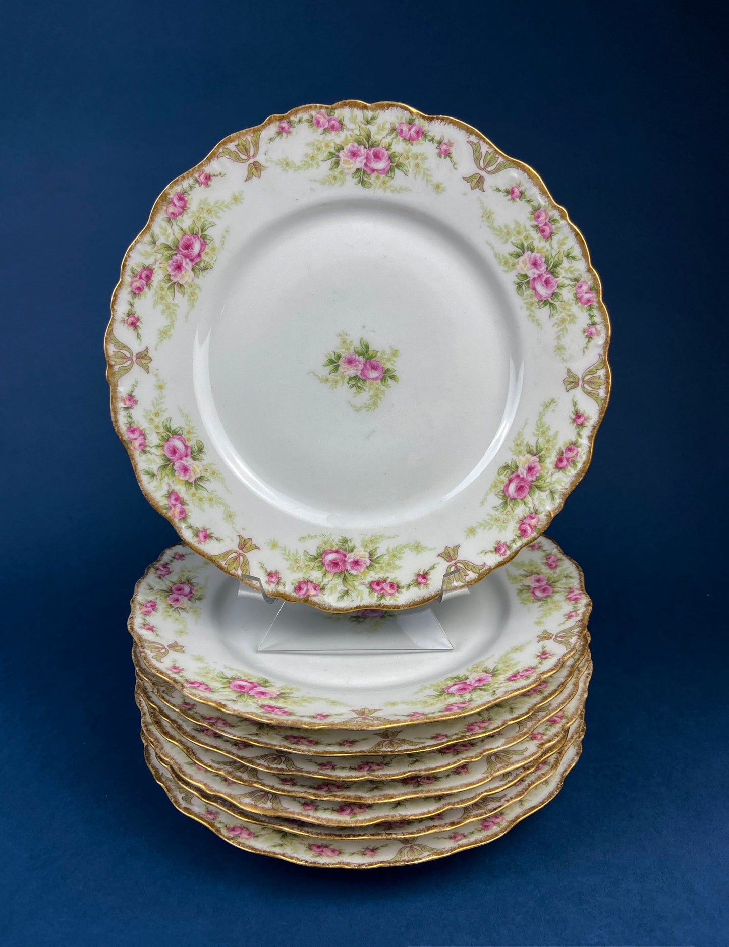 Dinner or Salad Plates, Antique Limoges Elite Porcelain Set of Two Hand-Painted Rose Garlands and Scalloped Gold Rim. MF. & Co.