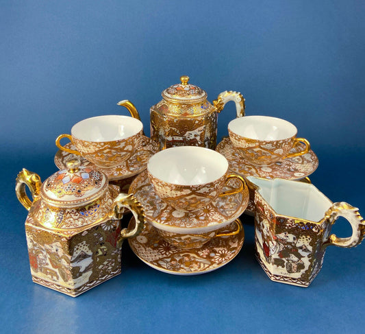 Antique Japanese Moriage Tea Cup Set. Gold Hand Painted Teaware with Teapot, Sugar Bowl, Creamer, and Six Japanese Tea Cups.