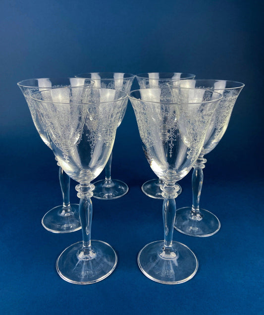 Etched Crystal Large Goblets. Set of 6 Oversized, Wine or Water Glassware. Persian Motif with Lotus. Collectible Stemware.