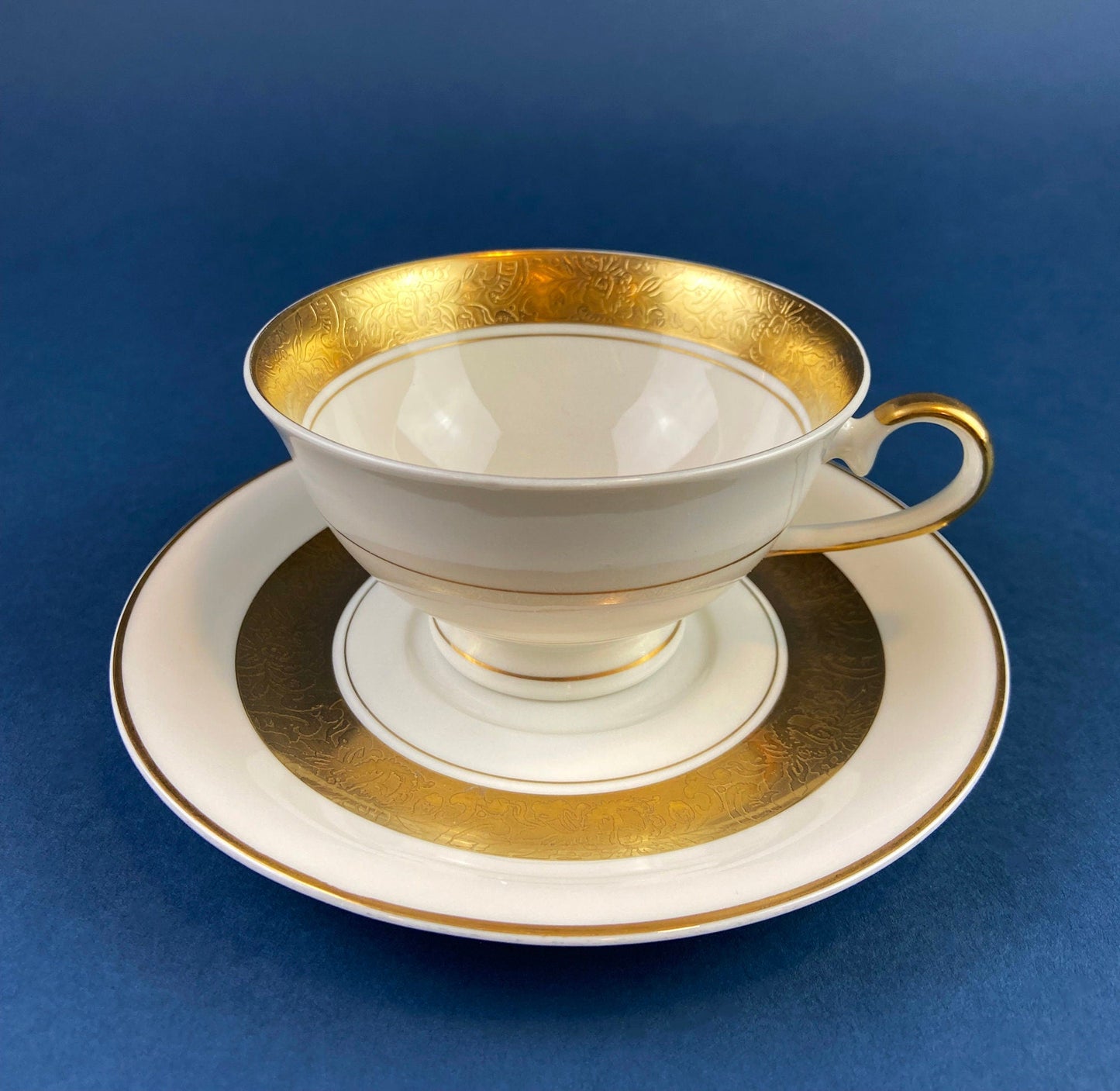 Antique Eschenbach Bavarian Porcelain Tea Trio: Gold Floral Cup, Saucer, Plate