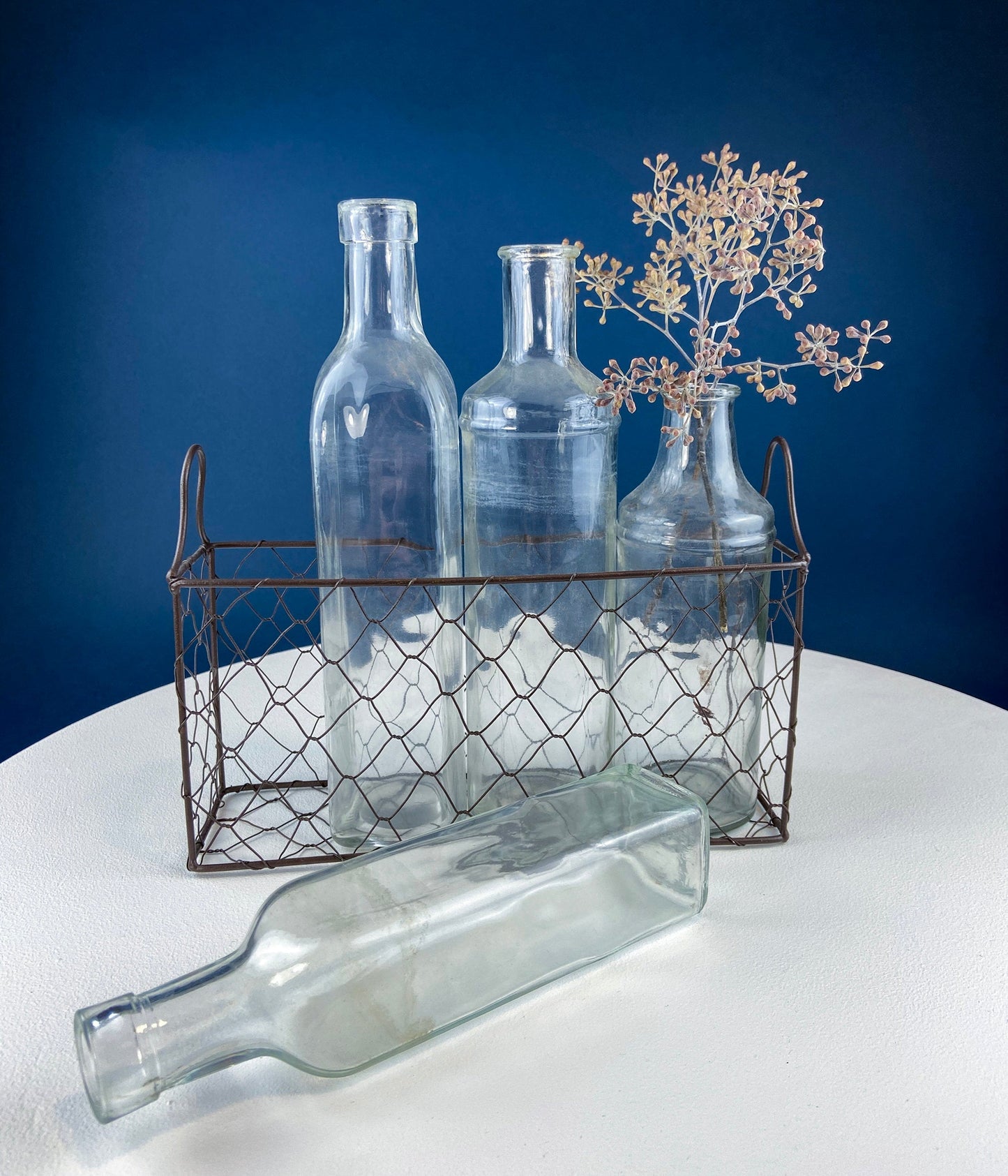 Collection of Rustic, Clear Glass Jars & Bottles with Metal Wire Baskets. Three Sets of Flower Vases or Candle Holders. Modern Farmhouse.