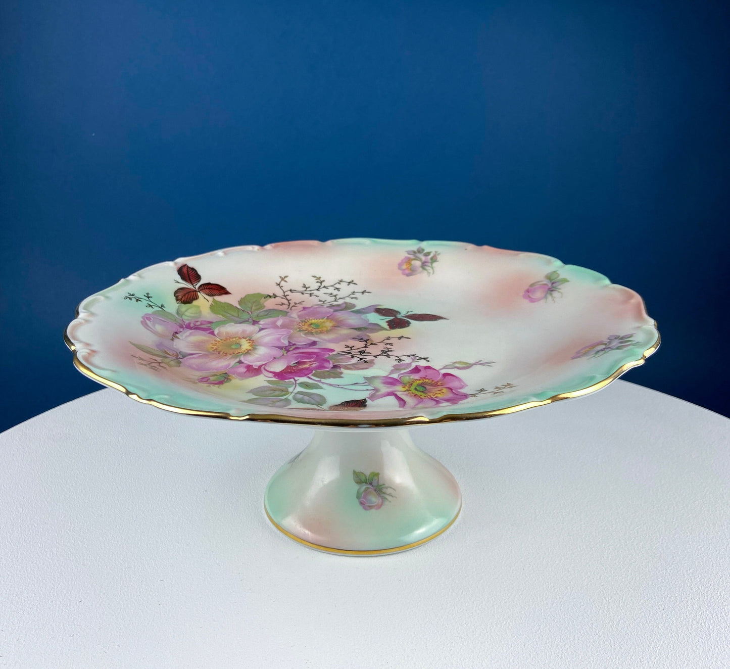 Vintage Schumann Arzberg Germany Cake Stand: Hand-Painted Tea Rose Porcelain