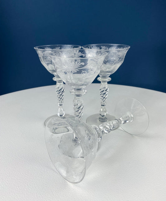 Tiffin Franciscan Sweet Wine Glasses. Set of Four Byzantine Etched Stemware. Floral Motif.