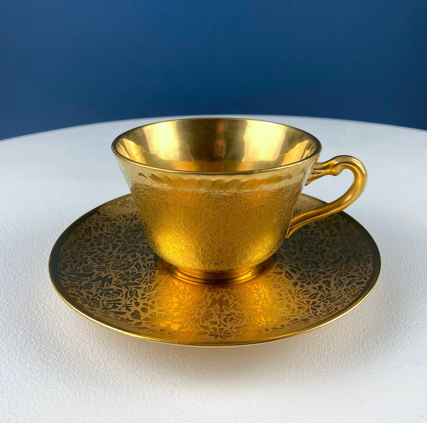 Gold on Gold Cup and Saucer by Wheeling, Germany, Paired with Stunning Gilded Hutschenreuther Serving Plate. Tea Set. Luxury Living.