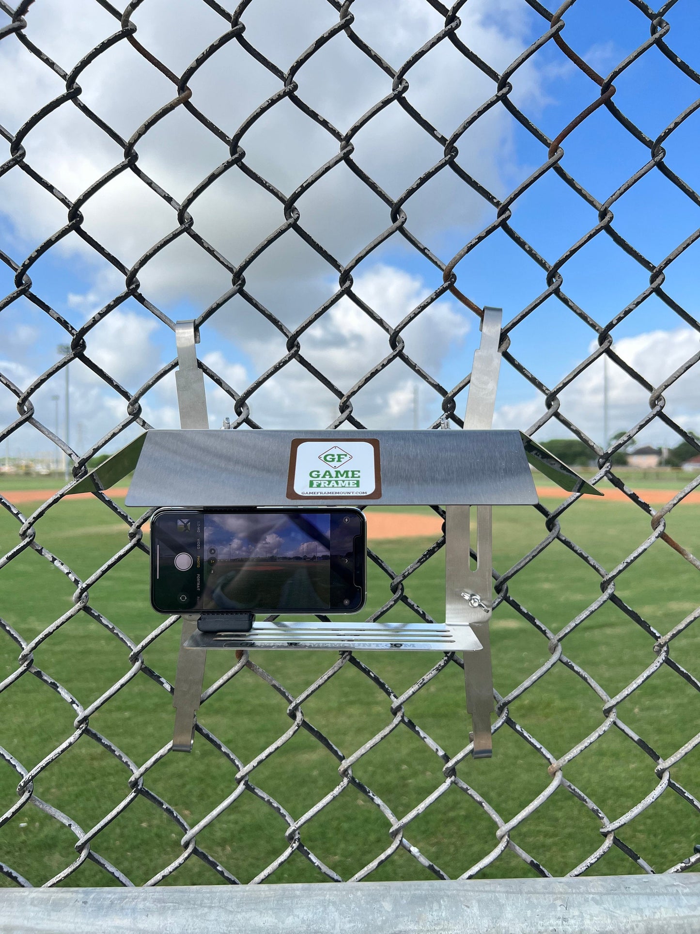 Stainless Steel Game Frame - The Ultimate Cell Phone, GoPro or Mevo Action Camera Fence Mount for Chain Link Fence (Softball, Baseball, Tennis) Made In USA