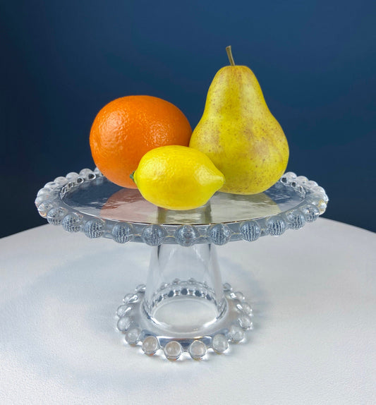 Vintage Clear Glass Cake or Cupcake Stand with Beaded Rim and Base.  Mid Century Modern Sweets Serving Pedestal. Wedding Dining Room Decor.