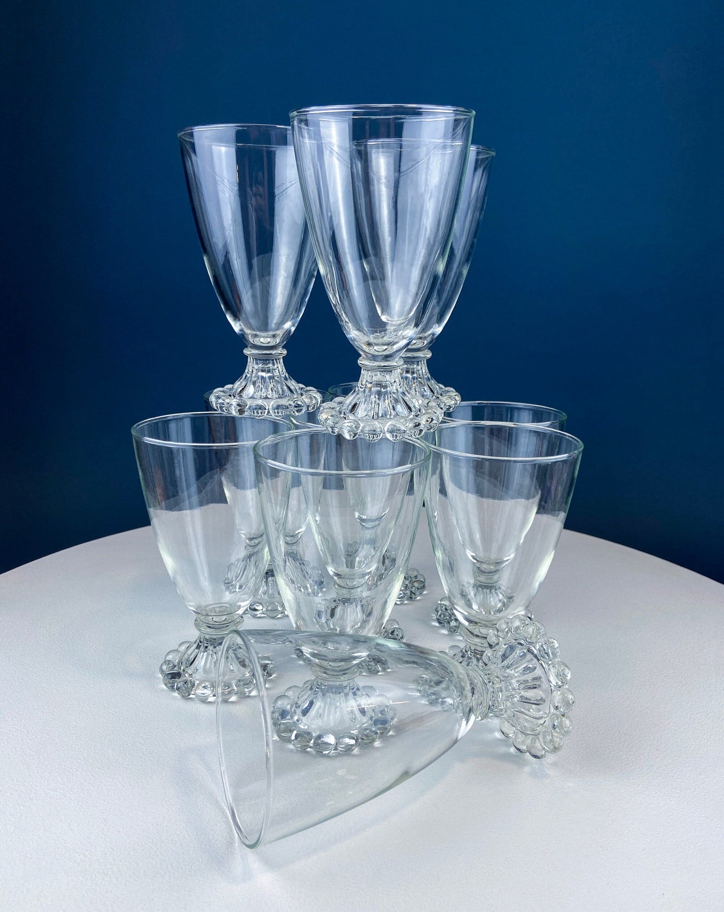 Anchor Hocking Water, Wine, Juice Goblets. Set of Six. Beaded Base. Berwick or Boopie Pattern. Mid C Modern Stemware. Dining Room Decor.