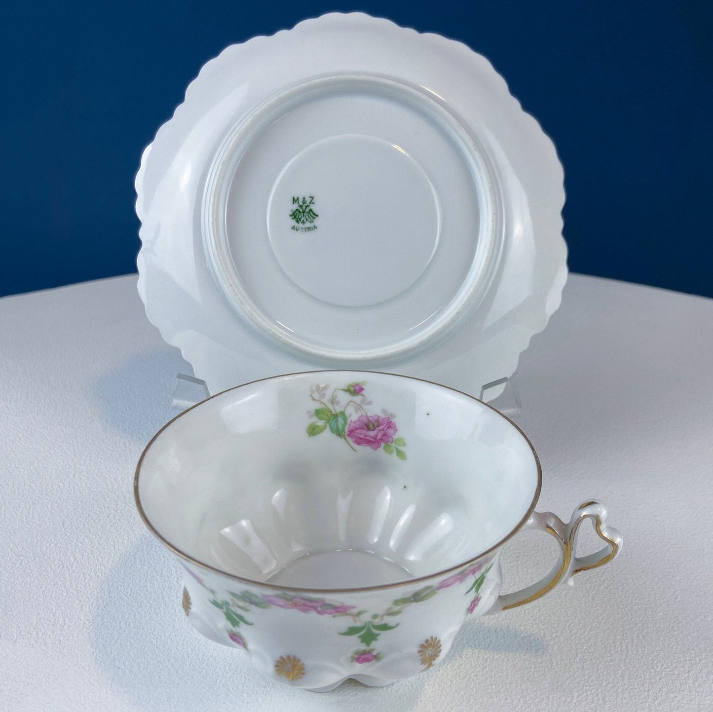 Very Light Weight Porcelain Cup and Saucer. M&K Austria. Delicate Rose Garlands and Scalloped Edges. Heart Shaped Handle. Gift for Her.
