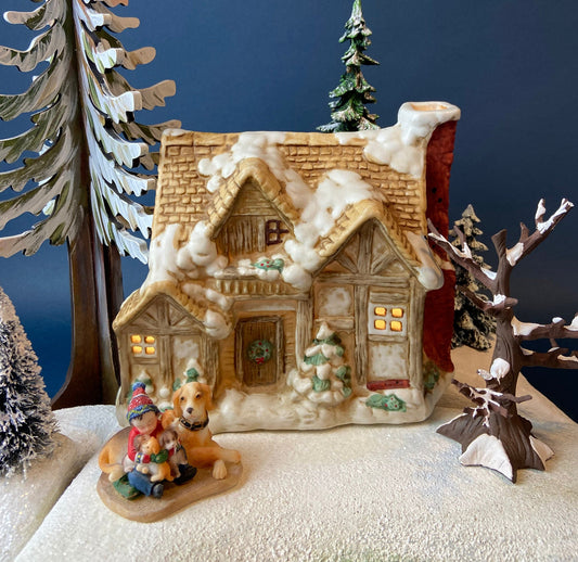 Christmas Village Rustic Cottage/Cabin with Boy & Dogs Figurine. Illuminated Porcelain Hand Painted Bldg. Home or Retail Alt. Holiday Decor.