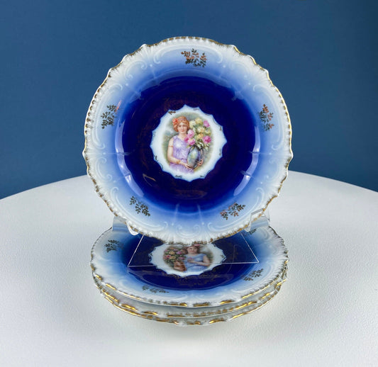 6" Salad or Dessert Plates. Set of Four Antique Royal Bavarian, Hand Painted Cobalt Blue With Women Holding Flowers. Collectible Porcelain.