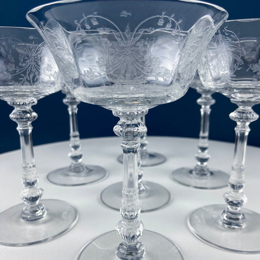 Heisey Champagne Glasses Set of 6 – Orchid Pattern Etched Crystal Stemware, Vintage Collectible Glassware for Dining & Home Decor