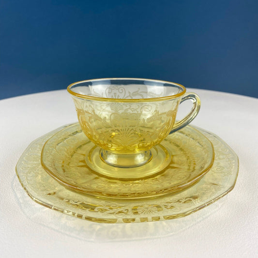 Vintage Topaz Fostoria Tea Set Trio. Versaille Pattern Cup, Saucer, and 7.5" Dessert/Salad Plate. Fine Table Glassware. Gold Table Decor.
