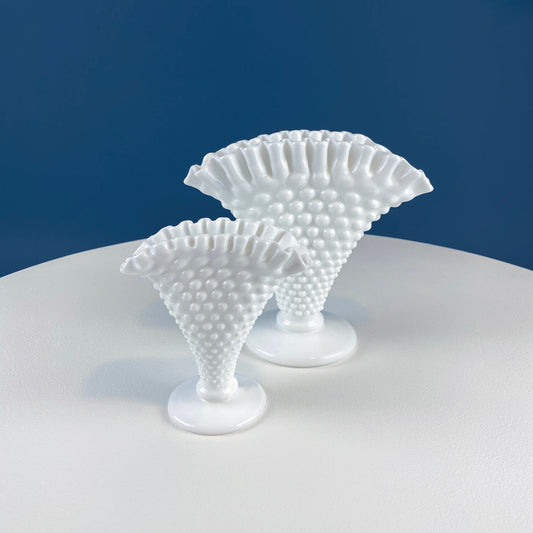 Set of Two Fan Shaped Hobnail Milk Glass Vases. Two Sizes with Scalloped Edges. Contemporary Cottage. Modern Farmhouse. Collectible Glass.