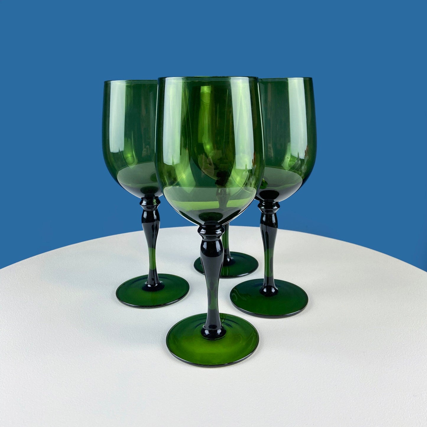 Stunning Green Wine Goblets.  Set of Four Stemware. Dark Green Hand Blown Glasses. Elegant Dining Room Decor. Unique Barware. Wedding Gift.