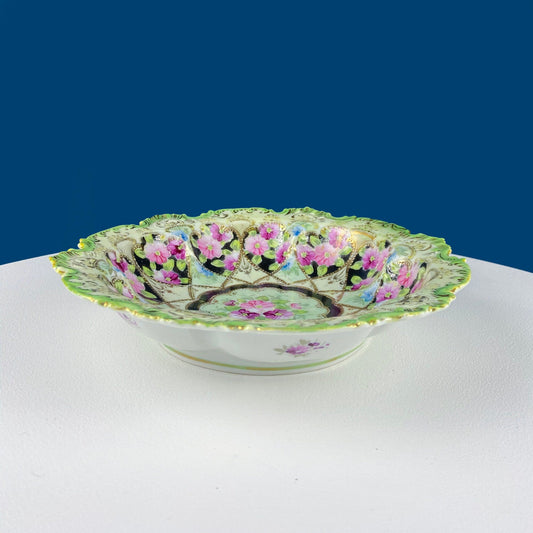 Stunning Antique Hand Painted Porcelain Bowl. Centerpiece Dish with Scalloped Edges. Gold Framework & Flowers. Dining Room Decor.