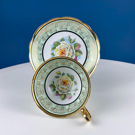 Mint Green Cup and Saucer. Regency English Porcelain. Stunning Hand-Painted White Rose Motif.  Dining Room Decor. Vintage Gift for Tea Lover