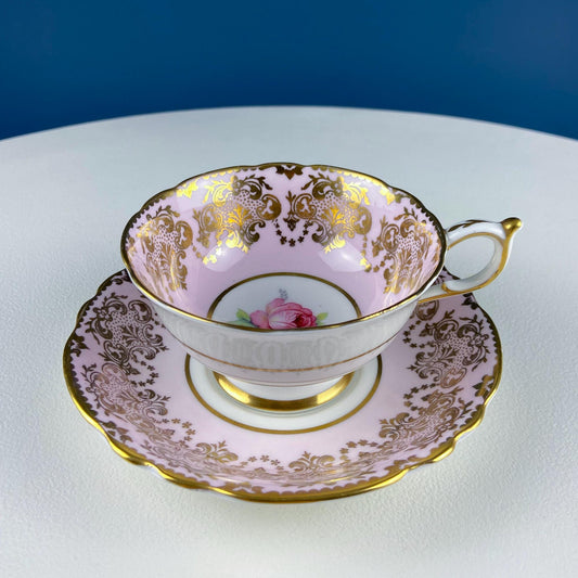 Vintage Paragon Pink Tea Coffee Cup & Saucer. Red Rose Motif and Gold Floral Border. Collectible Dining Room Decor. Gift for Him or Her.