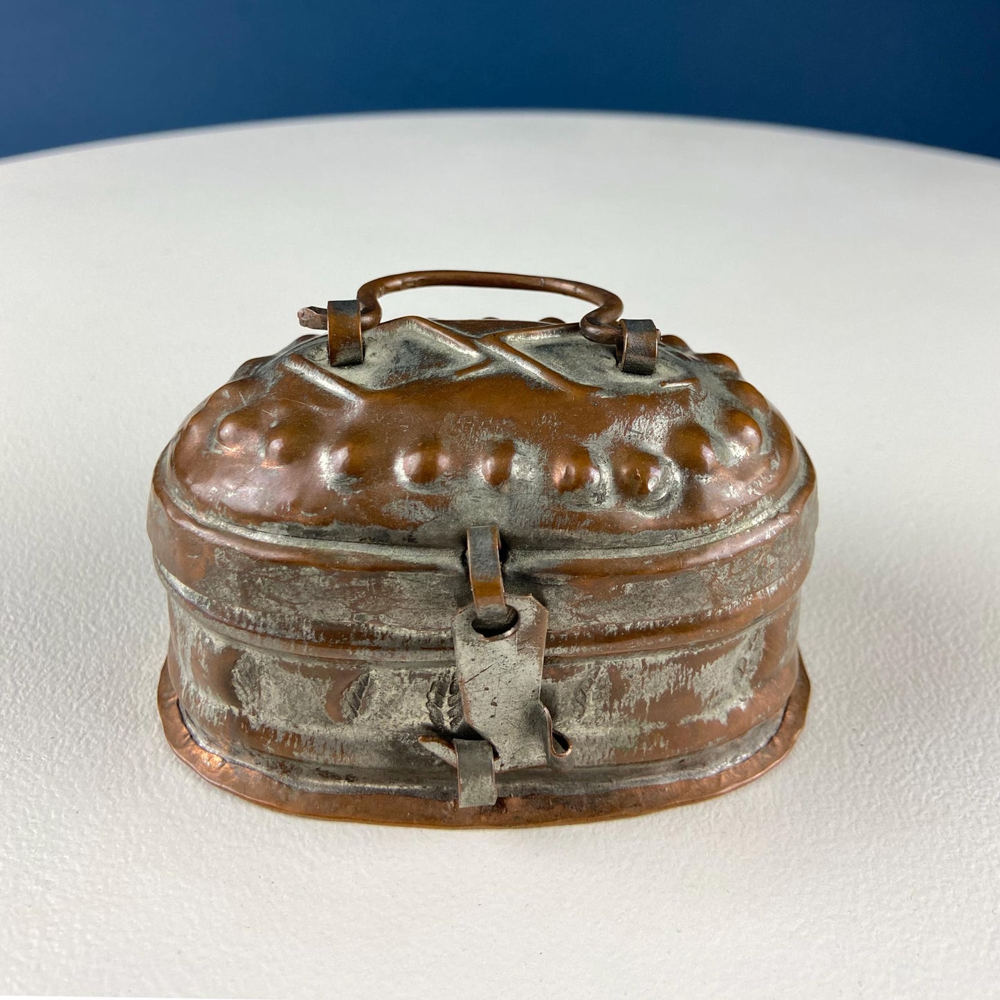 Hand Pounded Copper Cricket Boxes with Hinged Lids. Set of 4 Oval Metal Boxes with Perforated Bases. Rustic Collection of Containers.
