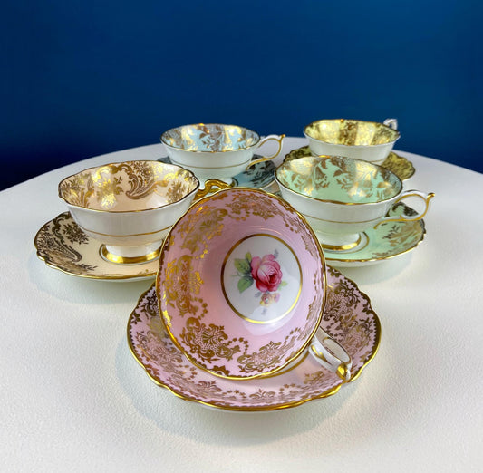 Five Piece Collection of Pastel Colored Vintage Paragon Cups & Saucers. Stunning Rich Design with Rose Motif and Gold Borders. Fine Dining.