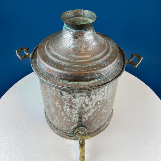 Hand Pounded Tin Copper Turkish Beverage Dispenser with Brass Spigot & Handles. Rustic Jug.