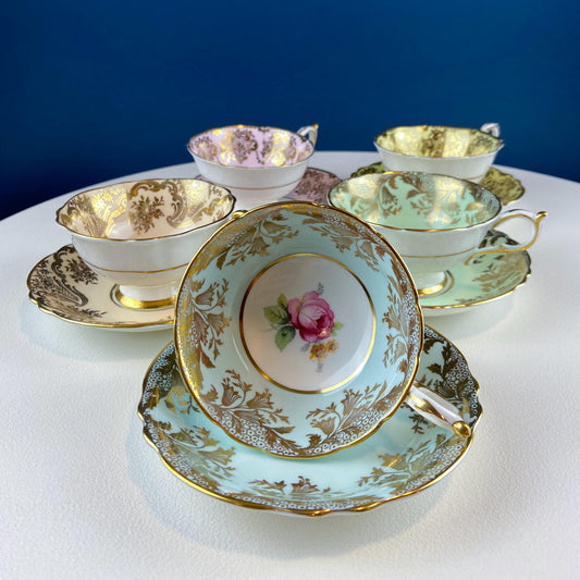 Five Piece Collection of Pastel Colored Vintage Paragon Cups & Saucers. Stunning Rich Design with Rose Motif and Gold Borders. Fine Dining.