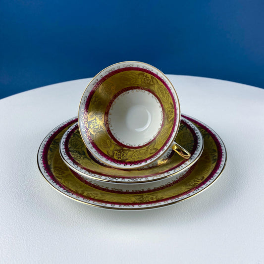 Vintage Mid Century Modern Gold and Ruby Red Porcelain Tea Set Trio. Stunning Gold Floral Motif. Asian Rose. Home Decor. Gift for Him Her.