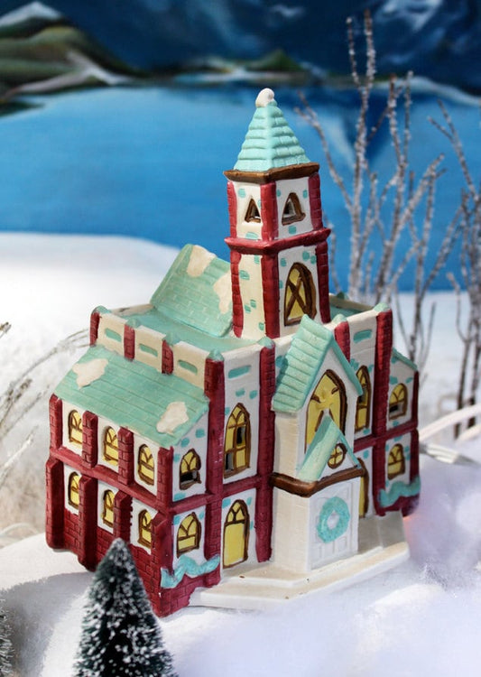 Vintage Porcelain Christmas Village Cathedral with Lights – Holiday Magic Lighted Xmas Decoration, Collectible Holiday Village Display